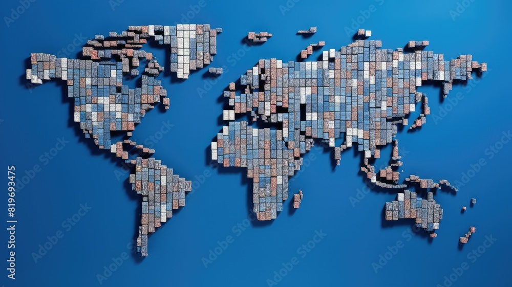 Poster world map constructed from colorful shipping containers. the containers are arranged on a flat, blue