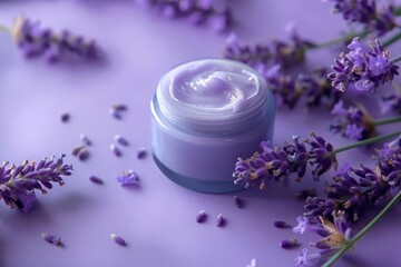 Obraz na płótnie Canvas Lavender calming lotion on a purple background with lavender flowers