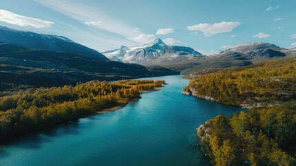 Scenic aerial view of the mountain landscape with a forest and the crystal blue river in Jotunheimen National 