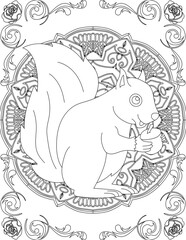 Squirrel on Mandala Coloring Page. Printable Coloring Worksheet for Adults and Kids. Educational Resources for School and Preschool. Mandala Coloring for Adults