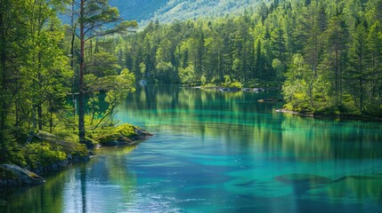 forest and the crystal blue river in Jotunheimen National Park