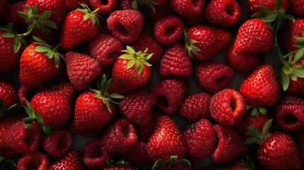 Assorted juicy red strawberries and raspberries close-up, healthy eating, diet food, berry background