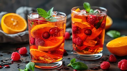   Two raspberry lemon tea glasses with fresh raspberries and mint on a table with sliced oranges