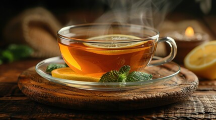   A cup of tea with a lemon slice and mint on a saucer next to a lemon slice and a cup of tea