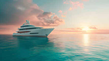 Design Masterpiece: Luxury Yacht Gliding on a Serene Sea at Sunset