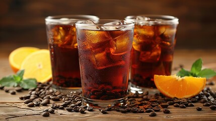   Three glasses of iced tea with orange slices and mint on a wooden table next to coffee beans and orange slices