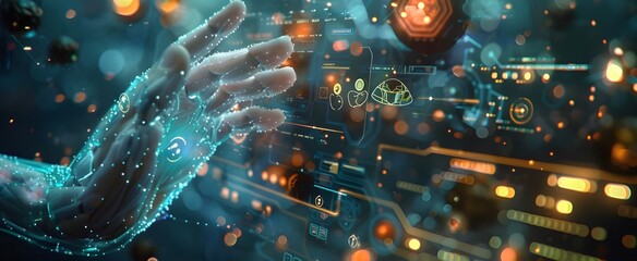 Artificial intelligence, advanced, human body, full body, outstanding, grab the control panel icon with your hand to decipher the future Han photo technology The overall mood is cinematic and futurist