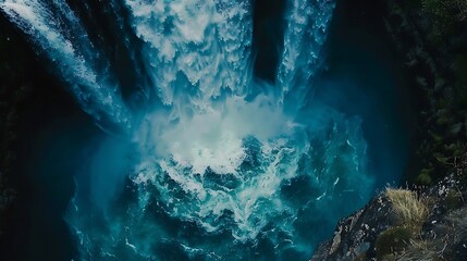 A breathtaking aerial view of a powerful waterfall plunging into a deep blue pool below. - Powered by Adobe