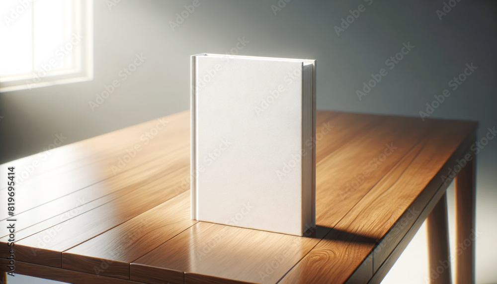 Poster a blank book mock-up on a wooden table, with a clean design, against a softly lit background, ideal 