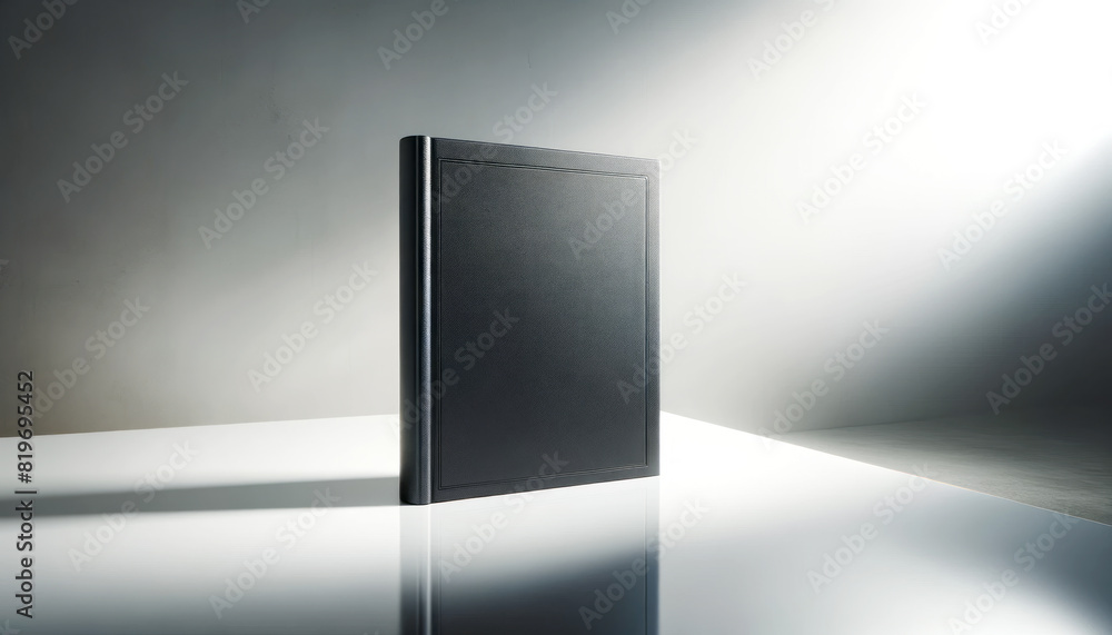 Poster black book standing upright on a reflective surface, minimalist style, on a gradient gray to white b