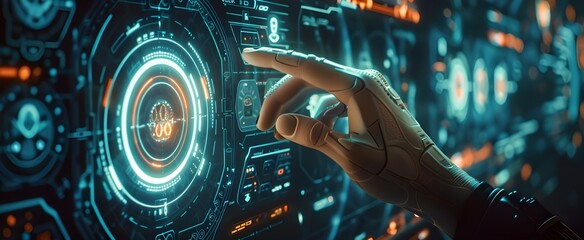 Artificial intelligence, advanced, human body, full body, outstanding, grab the control panel icon with your hand to decipher the future Han photo technology The overall mood is cinematic and futurist