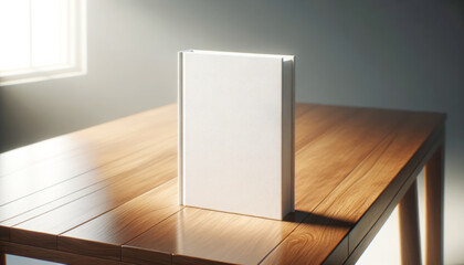 A blank book mock-up on a wooden table, with a clean design, against a softly lit background, ideal for branding presentations. Generative AI