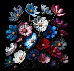 A collection of Cosmos flowers arranged against a dark background