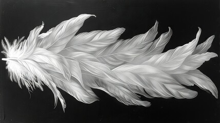  Monochrome image of a white feather against a dark background, mirrored on the left side