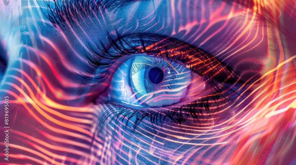 Poster futuristic digital eye wave lines pattern with a vibrant color scheme, perfect for adding a high-tec