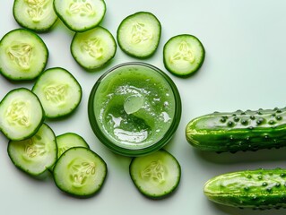 Cucumber eye gel on a light green background with cucumber slices