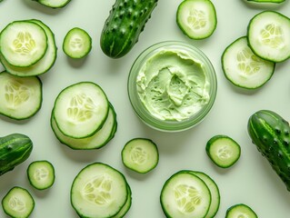 Cucumber eye gel on a light green background with cucumber slices