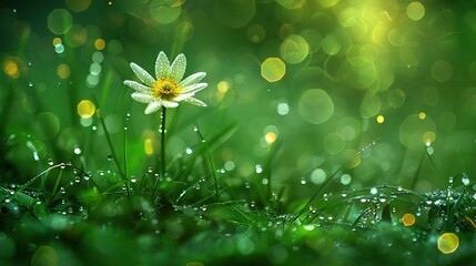   A petite white bloom rests atop verdant, wet grass under the radiant sun