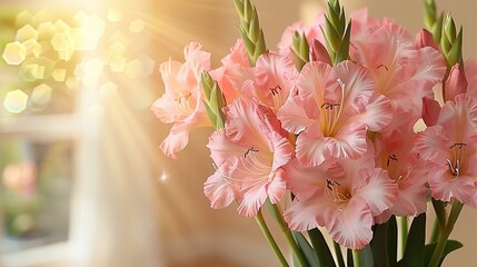   A vase holding pink flowers rests atop a table adjacent to another vase containing pink flowers positioned on the same table