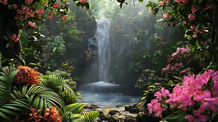 A cascading waterfall framed by vibrant spring blooms and fresh green foliage.