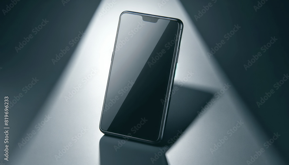 Poster a smartphone on a dark, textured background, emphasizing its blank display screen for branding or mo