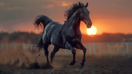 A majestic black racehorse with a shiny coat, galloping fiercely during a sunset race, dust flying under its hooves