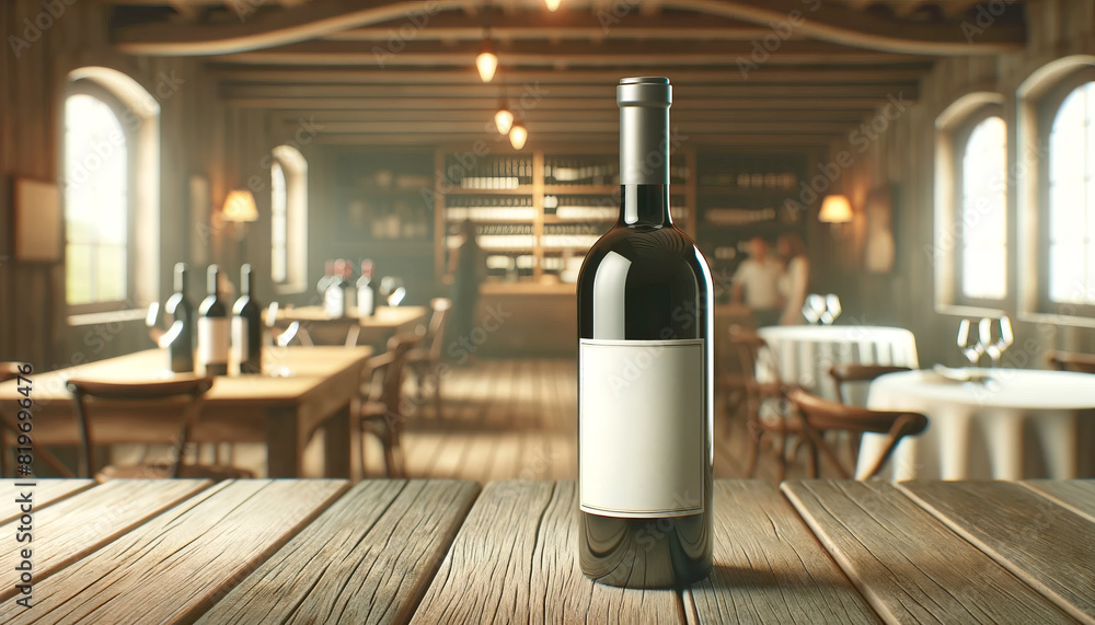 Poster a wine bottle with a blank label on a wooden table in a cozy restaurant setting, ideal for branding 
