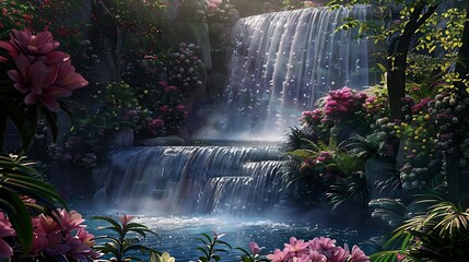 A cascading waterfall framed by vibrant spring blooms and fresh green foliage.