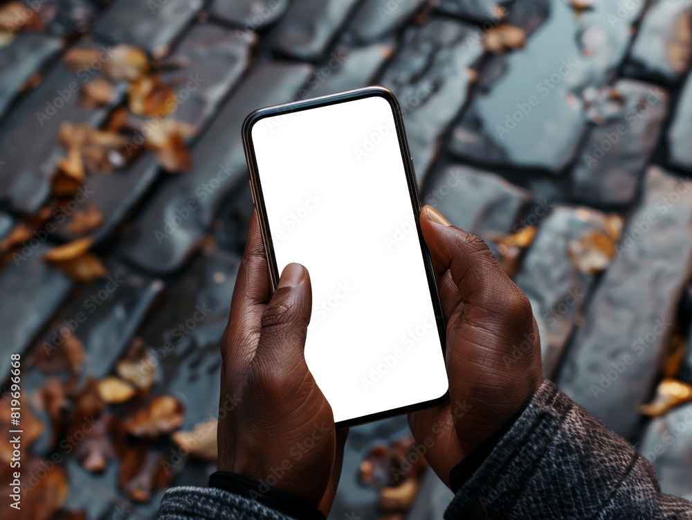 Poster a person holds a smartphone with a blank screen for mockup, against a leaf-strewn cobblestone backgr