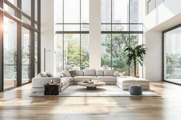 A spacious modern living room with a sleek sofa set contemporary furniture and large windows letting in natural light
