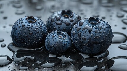   A cluster of blueberries atop a wet table on a dark background - Powered by Adobe