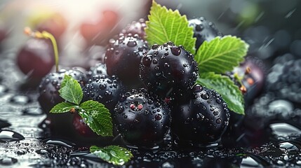   Black cherries on water with green leaves