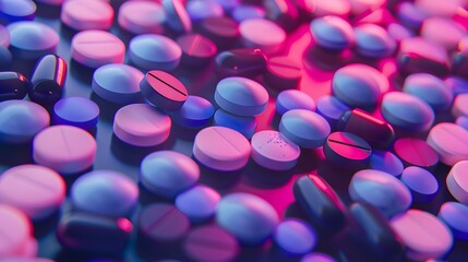 a set of pills in a dark neon lit room