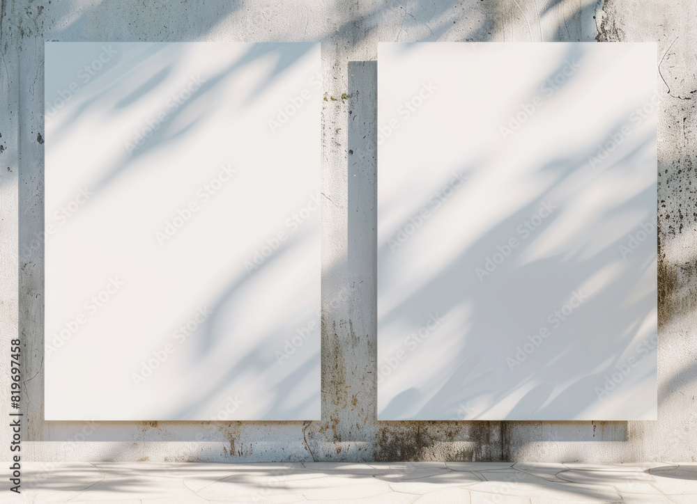 Poster two blank posters on a textured wall with shadows, ideal for mockups in a natural light setting. gen