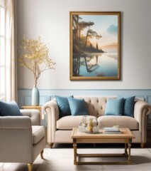 a large framed picture of the winter lake in an elegant living room with sofa and coffee table, a painting hanging on wall