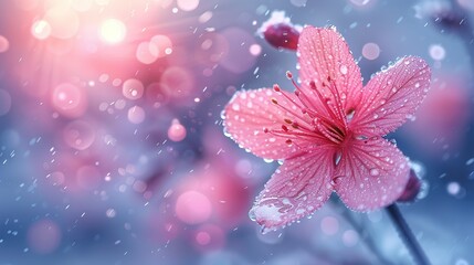   Close-up of a pink flower with water droplets and a blurry pink background of flower petals
