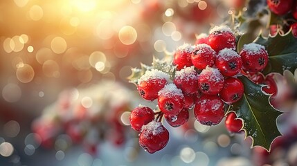   A zoom-in of several bright red berries dangling from a tree, with snowflakes adorning the background foliage and some fallen berries scattered in the foreground