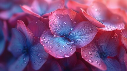   Close-up of colorful flowers with droplets of water on their pink and blue petals