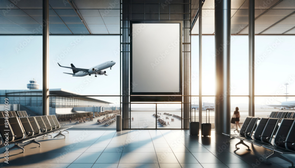 Poster an airport lounge with an empty poster, airplane taking off in the background, and sunlight streamin