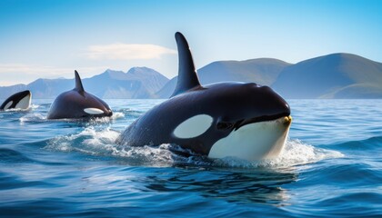 Fototapeta premium Groups of Orcas or killer whales swim and hunt for prey, the top of the food chain in a sea of ​​ice floes