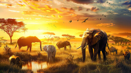 Glorious Wild animals group - giraffe, elephant, zebra, camel, buffalo above white clouds