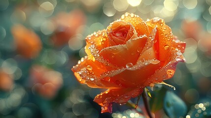    an orange rose with water droplets on its petals and a blurry background - Powered by Adobe