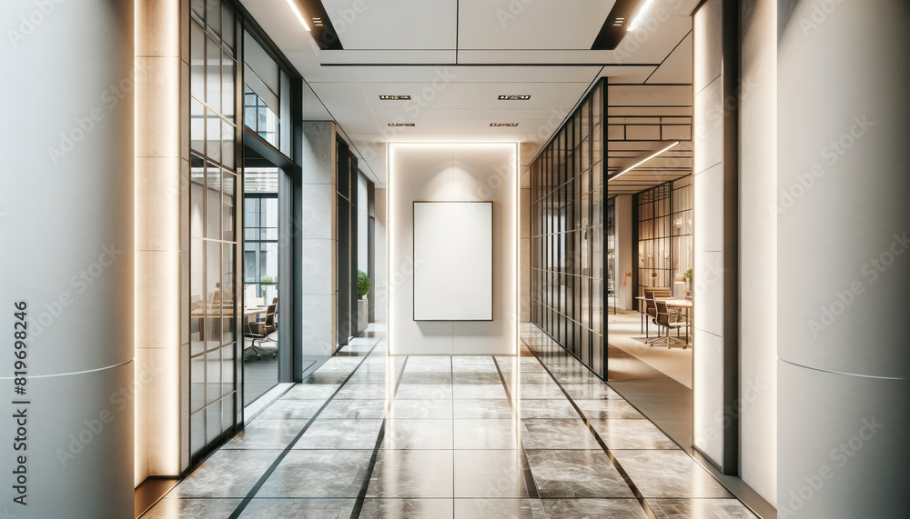 Poster a modern hallway interior with an empty frame for mockup, showcasing a clean and sleek design on a m