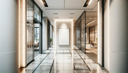 Obraz premium A modern hallway interior with an empty frame for mockup, showcasing a clean and sleek design on a marble and glass background. Generative AI