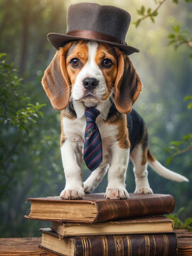cute puppy dog beagle portrait standing on books, wearing a tie and hat, photorealistic illustration of fun animal concept 