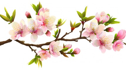   Pink and white flowers bloom on a branch of a tree with green leaves and buds against a white backdrop