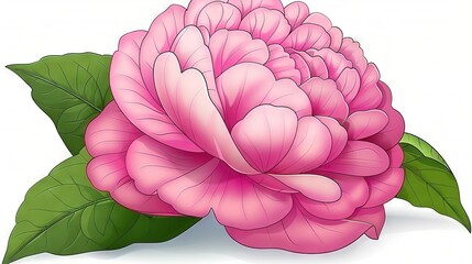  A pink flower on a white background with a green leaf and a clipping path centered on the flower