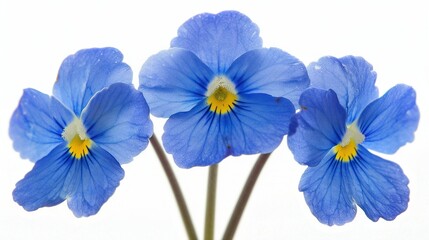   A cluster of azure blossoms resting beside one another on a white background, adorned with dew-kissed petals