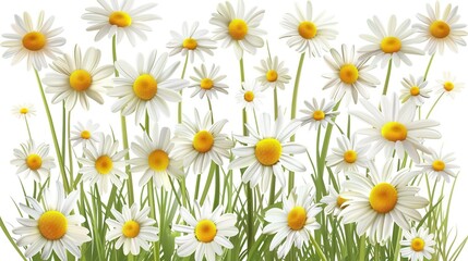   A field of green grass with yellow daisy centers in the middle on a white background