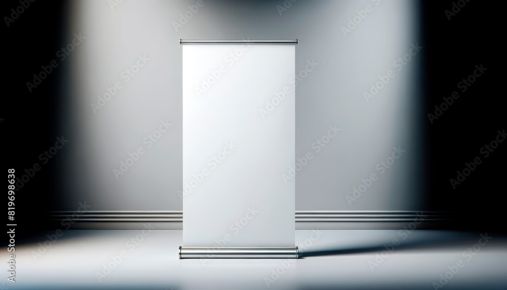 Poster Blank rollup banner display in a room with soft lighting, for mockup and branding presentations against a dark background. Generative AI